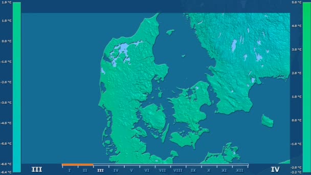 Minimum Temperature Month Denmark Area Animated Legend Raw Color Shader — Stock Video