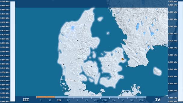 水蒸汽压力由月在丹麦区域以动画传奇发光的形状 行政边界 主要城市 球极投影 — 图库视频影像