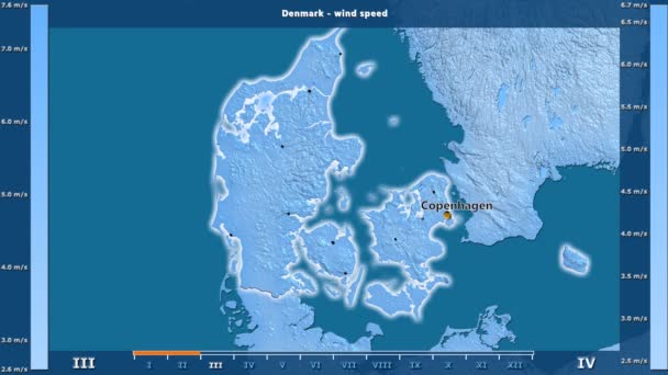 Velocidade Vento Por Mês Área Dinamarca Com Legenda Animada Etiquetas — Vídeo de Stock