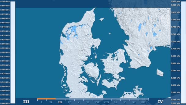 水蒸气压按月在丹麦区域以动画传奇 原始的颜色着色器 球极投影 — 图库视频影像
