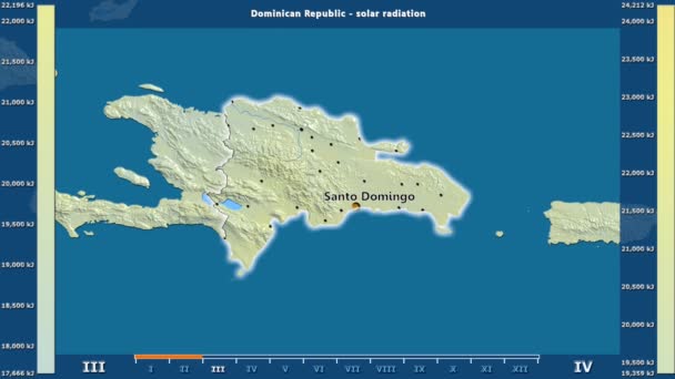 Radiación Solar Por Mes Área República Dominicana Con Leyenda Animada — Vídeos de Stock