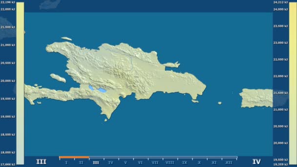 Солнечная Радиация Месяцам Зоне Доминиканской Республики Анимированной Легендой Сырым Цветовым — стоковое видео