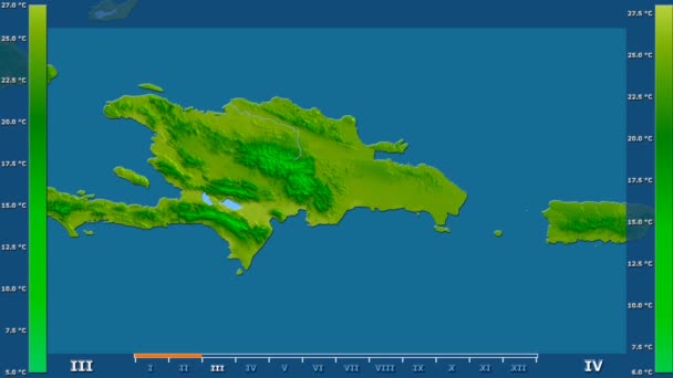 平均气温按月在多米尼加共和国地区与动画传奇 原始的颜色着色器 球极投影 — 图库视频影像