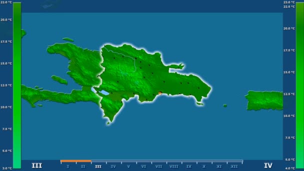 アニメーション伝説 管理上のボーダー 主要都市 首都を輝くドミニカ共和国エリアで月最低気温は 平射図法 — ストック動画