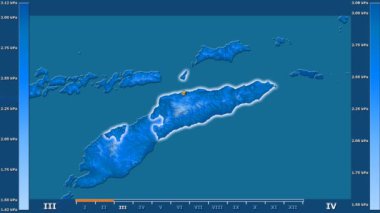 Doğu Timor alan animasyonlu efsanesi - parlayan şekli, idari sınırları, ana şehirler, sermaye ile su buharı basıncı aya göre. Sterografik projeksiyon