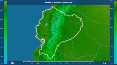 Animasyonlu efsanesi - İngilizce etiketleri ile Ekvator bölgesinde aya göre minimum sıcaklığı: ülke ve sermaye adları, açıklama göster. Sterografik projeksiyon