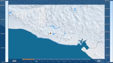 El Salvador alan animasyonlu efsanesi - parlayan şekli, idari sınırları, ana şehirler, sermaye ile yağış aya göre. Sterografik projeksiyon