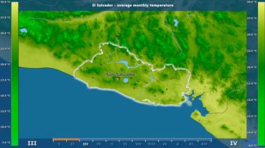 Ortalama sıcaklık ay tarafından animasyonlu efsanesi - İngilizce etiketleri ile El Salvador alan: ülke ve sermaye adları, açıklama göster. Sterografik projeksiyon