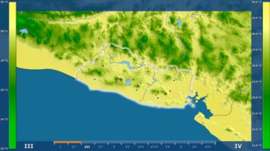 El Salvador alan animasyonlu efsanesi - parlayan şekli, idari sınırları, ana şehirler, sermaye ile maksimum sıcaklık aya göre. Sterografik projeksiyon