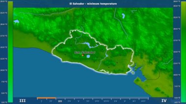 El Salvador alan animasyonlu efsanesi - İngilizce etiketleri ile aya göre minimum sıcaklığı: ülke ve sermaye adları, açıklama göster. Sterografik projeksiyon