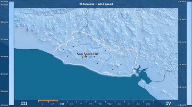 Rüzgar hızı aya göre animasyonlu efsanesi - İngilizce etiketleri ile El Salvador alan: ülke ve sermaye adları, açıklama göster. Sterografik projeksiyon