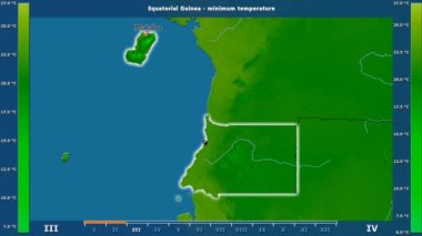 Ekvator Ginesi alanda animasyonlu gösterge - İngilizce etiketleri ile aya göre minimum sıcaklığı: ülke ve sermaye adları, açıklama göster. Sterografik projeksiyon