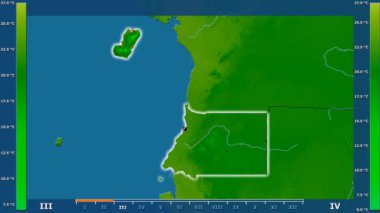 Animasyonlu efsanesi - parlayan şekli, idari sınırları, ana şehirler, sermaye ile Ekvator Ginesi alanında minimum sıcaklığı aya göre. Sterografik projeksiyon