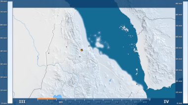 Animasyonlu gösterge - parlayan şekli, idari sınırları, ana şehirler, sermaye ile Eritre bölgede yağış aya göre. Sterografik projeksiyon