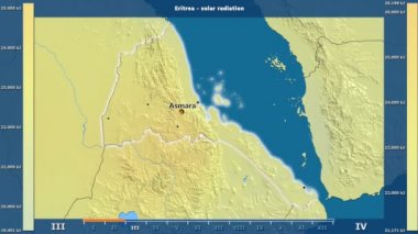 Aya göre güneş radyasyonu animasyonlu efsanesi - İngilizce etiketleri ile Eritre alanında: ülke ve sermaye adları, açıklama göster. Sterografik projeksiyon