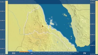 Animasyonlu efsanesi - parlayan şekli, idari sınırları, ana şehirler, sermaye ile Eritre alanında güneş radyasyonu aya göre. Sterografik projeksiyon