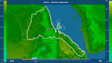 Animasyonlu efsanesi - İngilizce etiketleri ile Eritre alanında aya göre minimum sıcaklığı: ülke ve sermaye adları, açıklama göster. Sterografik projeksiyon