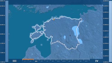 Animasyonlu efsanesi - parlayan şekli, idari sınırları, ana şehirler, sermaye ile Estonya alanında güneş radyasyonu aya göre. Sterografik projeksiyon