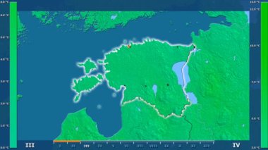 Animasyonlu efsanesi - parlayan şekli, idari sınırları, ana şehirler, sermaye ile Estonya alanında maksimum sıcaklık aya göre. Sterografik projeksiyon