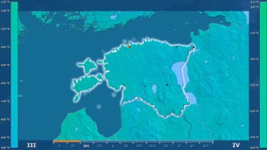 Animasyonlu efsanesi - parlayan şekli, idari sınırları, ana şehirler, sermaye ile Estonya alanında minimum sıcaklığı aya göre. Sterografik projeksiyon