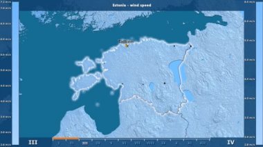 Rüzgar hızı aya göre animasyonlu efsanesi - İngilizce etiketleri ile Estonya alanında: ülke ve sermaye adları, açıklama göster. Sterografik projeksiyon