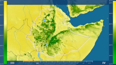 Etiyopya alanda animasyonlu gösterge - parlayan şekli, idari sınırları, ana şehirler, sermaye ile maksimum sıcaklık aya göre. Sterografik projeksiyon