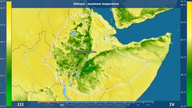 Etiyopya alanda animasyonlu gösterge - İngilizce etiketleri ile aya göre maksimum sıcaklık: ülke ve sermaye adları, açıklama göster. Sterografik projeksiyon