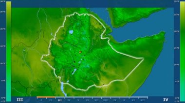 Animasyonlu efsanesi - parlayan şekli, idari sınırları, ana şehirler, sermaye ile Etiyopya alanında minimum sıcaklığı aya göre. Sterografik projeksiyon