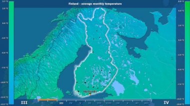 Ortalama sıcaklık ay tarafından animasyonlu gösterge - İngilizce etiketleri Finlandiya bölge: ülke ve sermaye adları, açıklama göster. Sterografik projeksiyon
