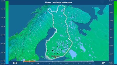 Aya göre maksimum sıcaklık animasyonlu gösterge - İngilizce etiketleri Finlandiya bölge: ülke ve sermaye adları, açıklama göster. Sterografik projeksiyon