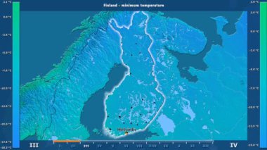 Animasyonlu efsanesi - İngilizce etiketleri ile Finlandiya alanında aya göre minimum sıcaklığı: ülke ve sermaye adları, açıklama göster. Sterografik projeksiyon