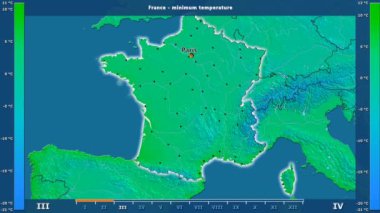 Animasyonlu efsanesi - İngilizce etiketleri ile Fransa alanında aya göre minimum sıcaklığı: ülke ve sermaye adları, açıklama göster. Sterografik projeksiyon