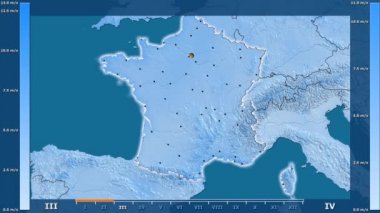 Hız animasyonlu efsanesi - parlayan şekli, idari sınırları, ana şehirler, sermaye ile Fransa alanında aya göre rüzgar. Sterografik projeksiyon