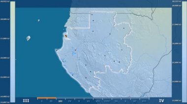 Animasyonlu efsanesi - parlayan şekli, idari sınırları, ana şehirler, sermaye ile Gabon alanında güneş radyasyonu aya göre. Sterografik projeksiyon