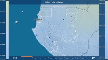 Aya göre güneş radyasyonu ile animasyonlu gösterge - İngilizce etiketleri Gabon alanında: ülke ve sermaye adları, açıklama göster. Sterografik projeksiyon
