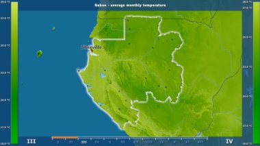 Ortalama sıcaklık ay tarafından animasyonlu efsanesi - İngilizce etiketleri ile Gabon alanında: ülke ve sermaye adları, açıklama göster. Sterografik projeksiyon
