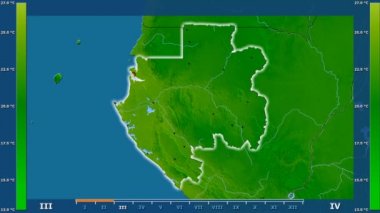 Animasyonlu efsanesi - parlayan şekli, idari sınırları, ana şehirler, sermaye ile Gabon alanında minimum sıcaklığı aya göre. Sterografik projeksiyon
