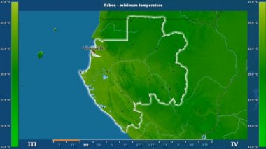 Gabon alanda animasyonlu gösterge - İngilizce etiketleri ile aya göre minimum sıcaklığı: ülke ve sermaye adları, açıklama göster. Sterografik projeksiyon