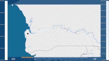Animasyonlu gösterge - parlayan şekli, idari sınırları, ana şehirler, sermaye ile Gambiya bölgede yağış aya göre. Sterografik projeksiyon