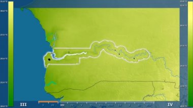 Animasyonlu efsanesi - parlayan şekli, idari sınırları, ana şehirler, sermaye ile Gambiya alanında ortalama sıcaklık aya göre. Sterografik projeksiyon