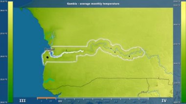 Ortalama sıcaklık ay tarafından animasyonlu efsanesi - İngilizce etiketleri ile Gambiya alanında: ülke ve sermaye adları, açıklama göster. Sterografik projeksiyon