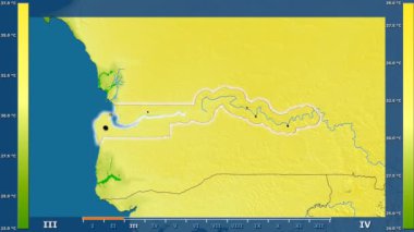 Animasyonlu efsanesi - parlayan şekli, idari sınırları, ana şehirler, sermaye ile Gambiya alanında maksimum sıcaklık aya göre. Sterografik projeksiyon