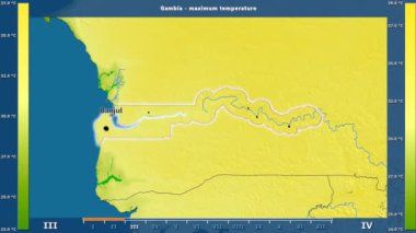 Gambiya alanda animasyonlu gösterge - İngilizce etiketleri ile aya göre maksimum sıcaklık: ülke ve sermaye adları, açıklama göster. Sterografik projeksiyon