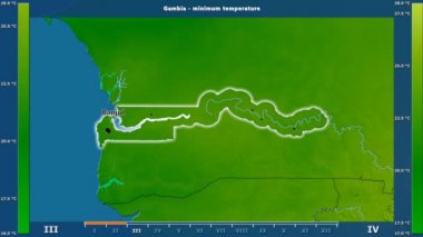 Gambiya alanda animasyonlu gösterge - İngilizce etiketleri ile aya göre minimum sıcaklığı: ülke ve sermaye adları, açıklama göster. Sterografik projeksiyon