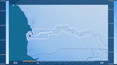 Animasyonlu gösterge - parlayan şekli, idari sınırları, ana şehirler, sermaye ile Gambiya bölgede su buharı basıncı aya göre. Sterografik projeksiyon