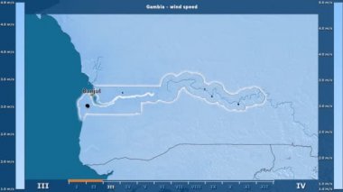 Rüzgar hızı aya göre animasyonlu efsanesi - İngilizce etiketleri ile Gambiya alanında: ülke ve sermaye adları, açıklama göster. Sterografik projeksiyon