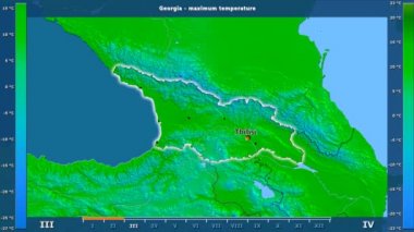 Georgia alanda animasyonlu gösterge - İngilizce etiketleri ile aya göre maksimum sıcaklık: ülke ve sermaye adları, açıklama göster. Sterografik projeksiyon