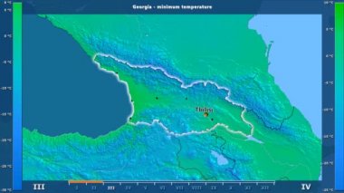 Georgia alanda animasyonlu gösterge - İngilizce etiketleri ile aya göre minimum sıcaklığı: ülke ve sermaye adları, açıklama göster. Sterografik projeksiyon