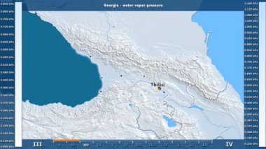 Georgia alanda animasyonlu gösterge - İngilizce etiketleri ile aya göre su buhar basıncı: ülke ve sermaye adları, açıklama göster. Sterografik projeksiyon