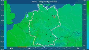 Ortalama sıcaklık ay tarafından animasyonlu efsanesi - İngilizce etiketleri ile Almanya alanında: ülke ve sermaye adları, açıklama göster. Sterografik projeksiyon
